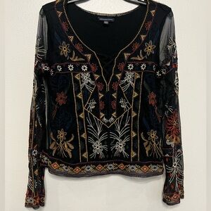 American Eagle Outfitters Black Sheer Embroidered Goth Boho Flares Blouse Sz M